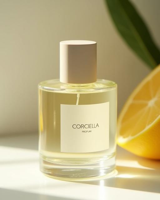 Flacone elegante del profumo Corricella di Procida Profumi, con etichetta minimalista.